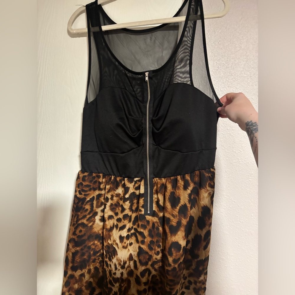 Black and Leopard Print Dress with Mesh Detail